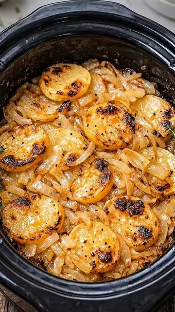 Slow Cooker Potatoes with Caramelized Onions This simple slow cooker side dish i