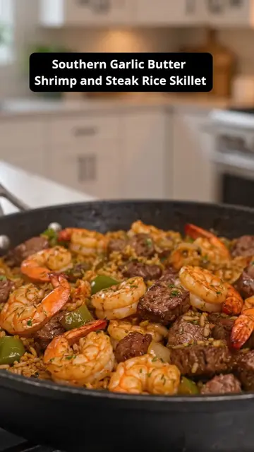 Southern Garlic Butter Shrimp and Steak Rice Skillet This Southern-inspired skil