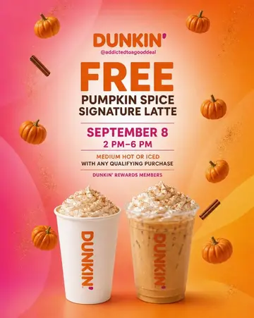 🎃 FREE Pumpkin Spice Latte at Dunkin’! Dunkin’ Rewards members can grab a FREE 