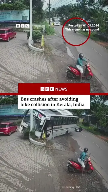 Dramatic CCTV footage shows a bus colliding with a pillar in Kerala, India. More