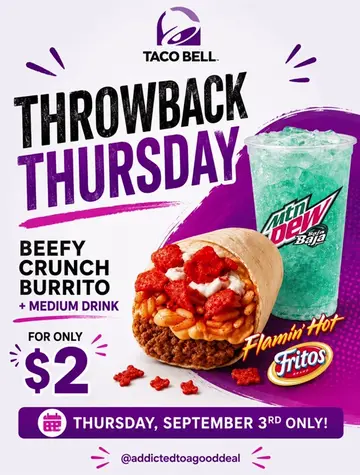 🌮💜 Throwback Thursday is here at Taco Bell! On Thursday, September 3rd, grab a