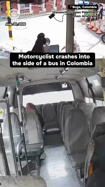 A speeding motorcyclist crashed into the side of a moving bus, flying through it