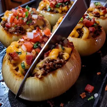 Loaded Bacon Mac Cheeseburger Stuffed OnioBombs Recipe.  Click the link in the c