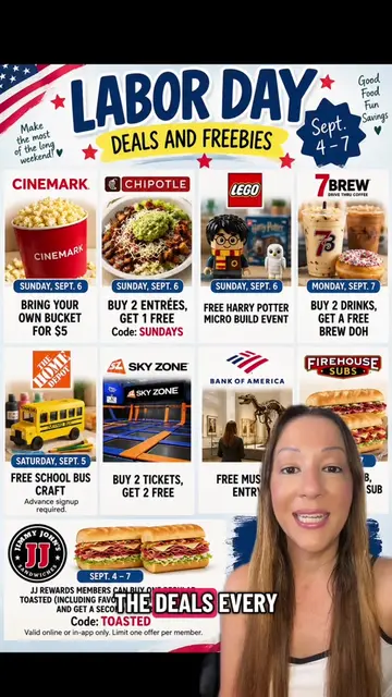 Freebies and deals for Labor Day weekend Cinemark, chipotle, the Lego store, sev