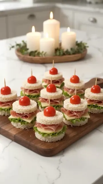 Mini rounds of buttery bread layered with crisp lettuce, cheese, and folded pros