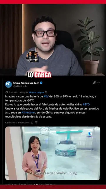 BYD carga un carro eléctrico de 20% a 97% en 12 minutos a -30°C y deja a los per
