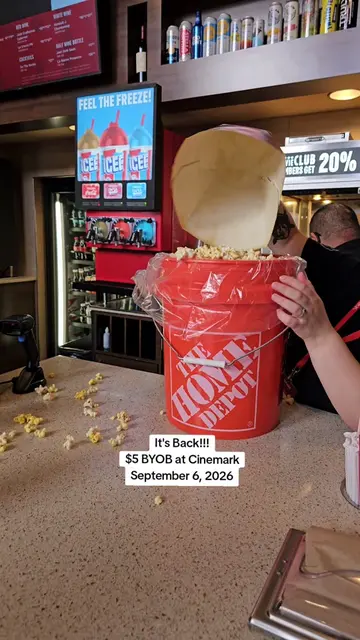 it's back!!! @Cinemark $5 Bring Your Own Bucket. today only. September 6 2026 #b