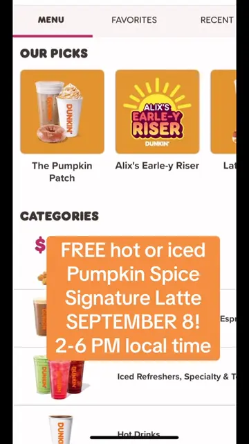 Dunkin giving away FREE hot or iced Pumpkin Spice Signature Latte with any quali
