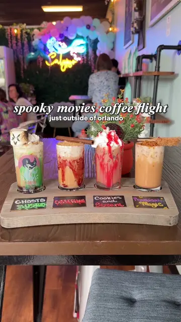 spooky movie themed lattes available in a coffee flight or full size at Calypso 