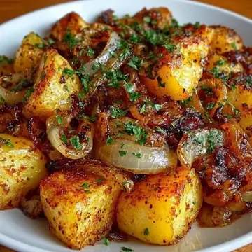 Crispy Seasoned Potatoes with Caramelized Onions Golden, crispy roasted potatoes