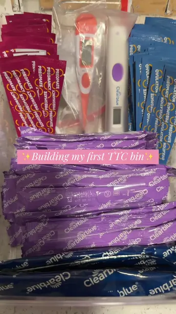 My first TTC bin 🥹🩷 BBT thermometer, pregnancy + ovulation strips, and digital