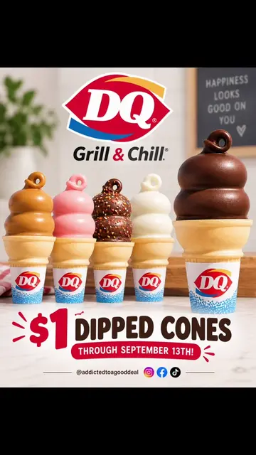 🍦 $1 DIPPED CONES at Dairy Queen! 👀❤️ Available through September 13th for Rew