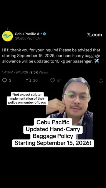 Beginning September 15, 2026, Cebu Pacific will implement a new hand carry bagga