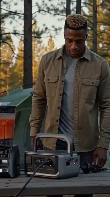 This portable power station powers a blender, camp lights and a fan outdoors. Sa