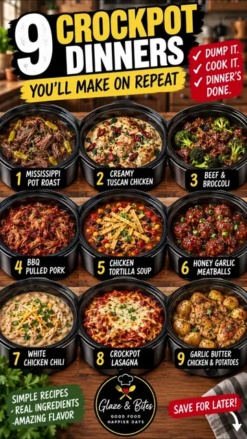 🍲 9 Crockpot Dinners You NEED to Try! 🔥
 Dump it, cook it, dinner’s done. 🙌 F