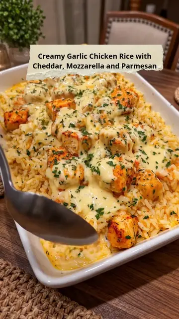 Creamy Garlic Chicken Rice with Cheddar, Mozzarella and Parmesan ✨ Full recipe s