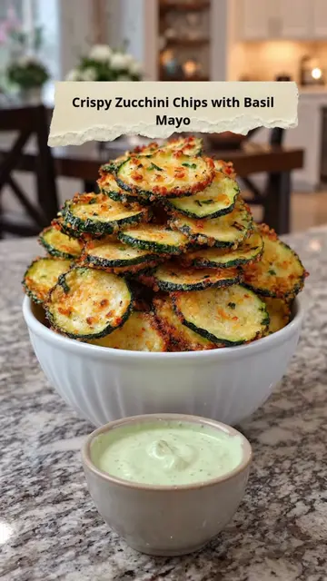 Crispy Zucchini Chips with Basil Mayo 🥒🌿 These crispy zucchini chips are golde