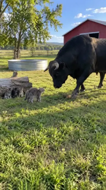 POV: A bull, four kittens, and one tiny cat who would not move. 🐈🐂 / #AnimalHe