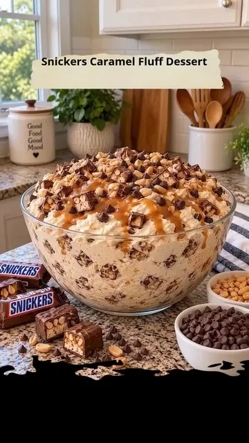 Snickers Caramel Fluff Dessert 🍫  Save this easy Snickers Caramel Fluff Dessert