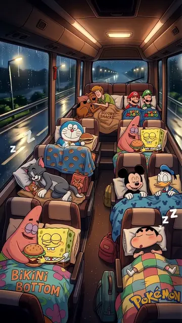 Rainy night, soft glowing lights, and all our favorite cartoon friends fast asle