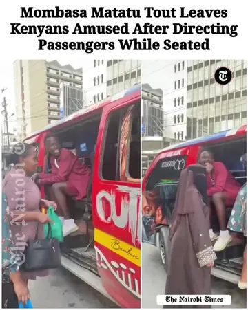A viral video has captured a Mombasa matatu tout seated while directing passenge