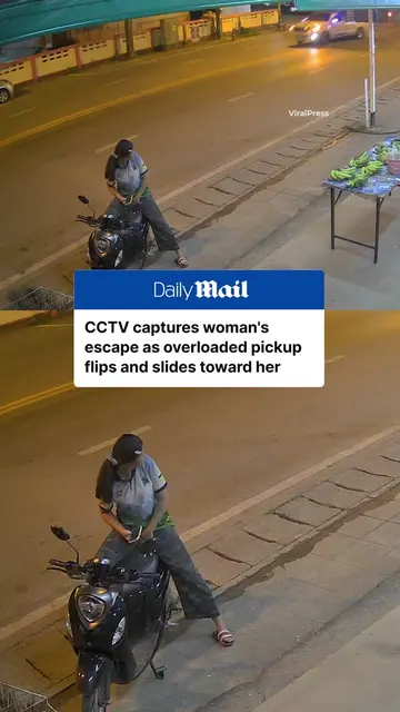 A woman in Phrae, Thailand, made a split-second escape after an overloaded picku