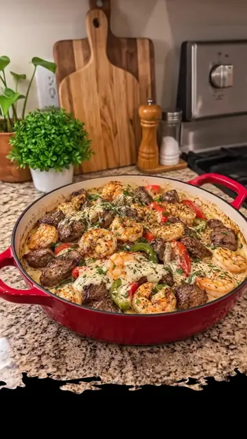 Garlic Butter Steak and Shrimp with Peppers Juicy steak and tender shrimp are to