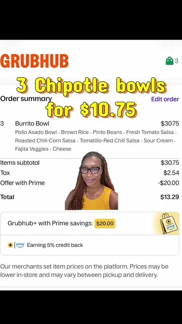 3 Chipotle bowls for $10.75 before tax 👀 #grubhub #amazonprime #couponcommunity