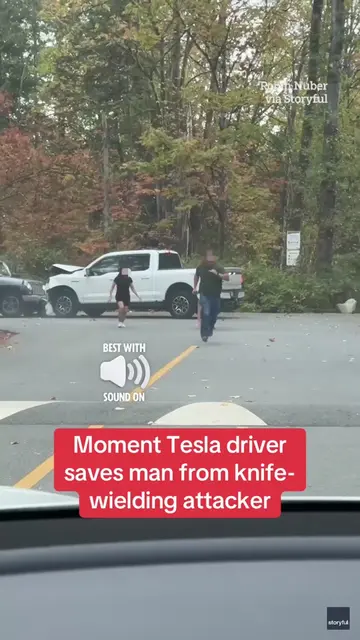 This is the moment a Tesla driver saved a man after a knife-wielding attacker la