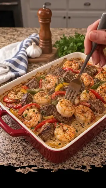 Garlic Butter Steak and Shrimp with Peppers Juicy bites of steak, plump shrimp, 