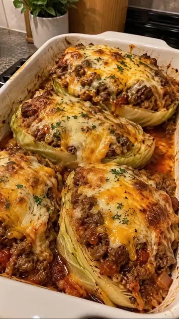 Cheesy Stuffed Cabbage Halves loaded with savory ground beef, juicy tomatoes, an