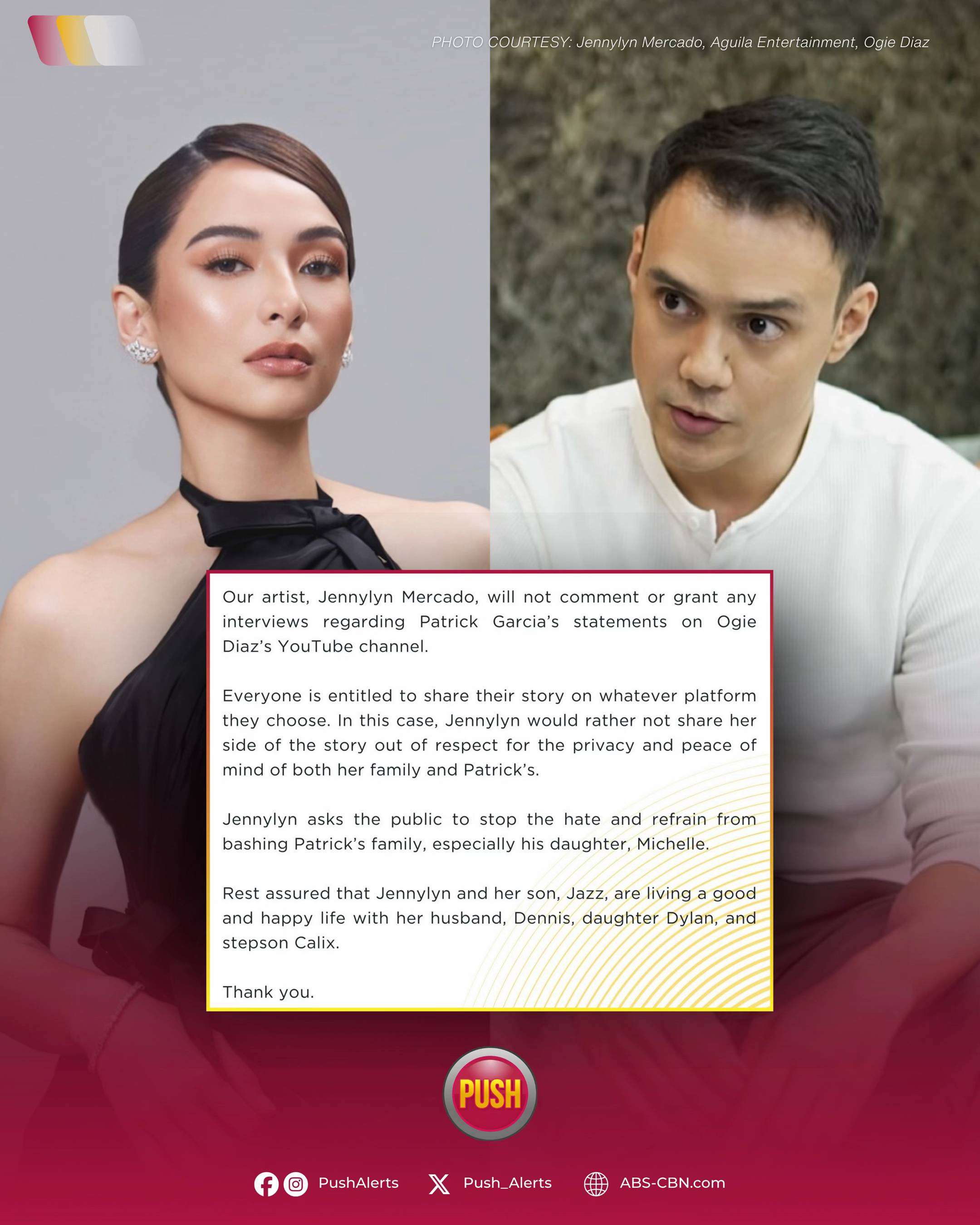 Aguila Entertainment, the talent agency representing actress Jennylyn Mercado, r
