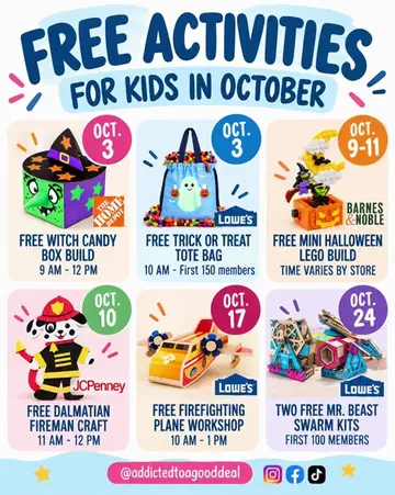 🎃 FREE kids activities are coming this October! 🍂✨ Save this post and mark you
