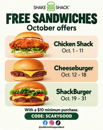 A scary good deal at Shake Shack! 🍔👻 Get a FREE sandwich with a $10 minimum pu