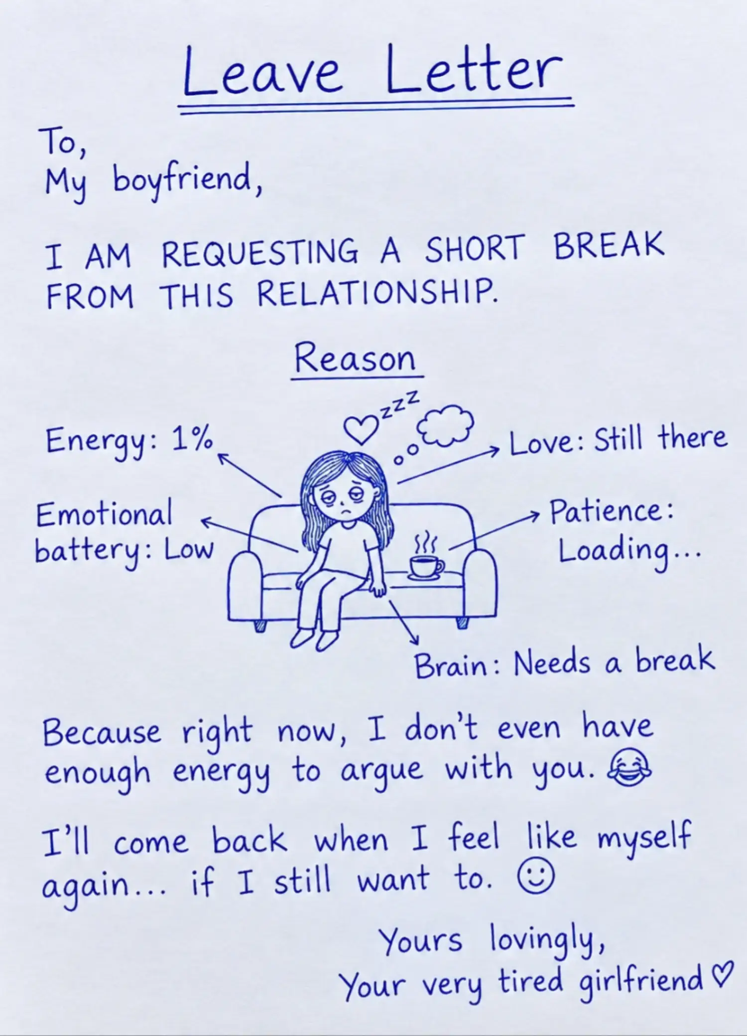 Dear boyfriend, this is not a breakup letter. It's a request for a short leave o
