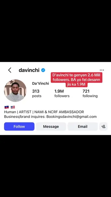 D’avinchi te genyen 2.6mil followers, kounya li a 1.9mil. Ann al follow li sou I