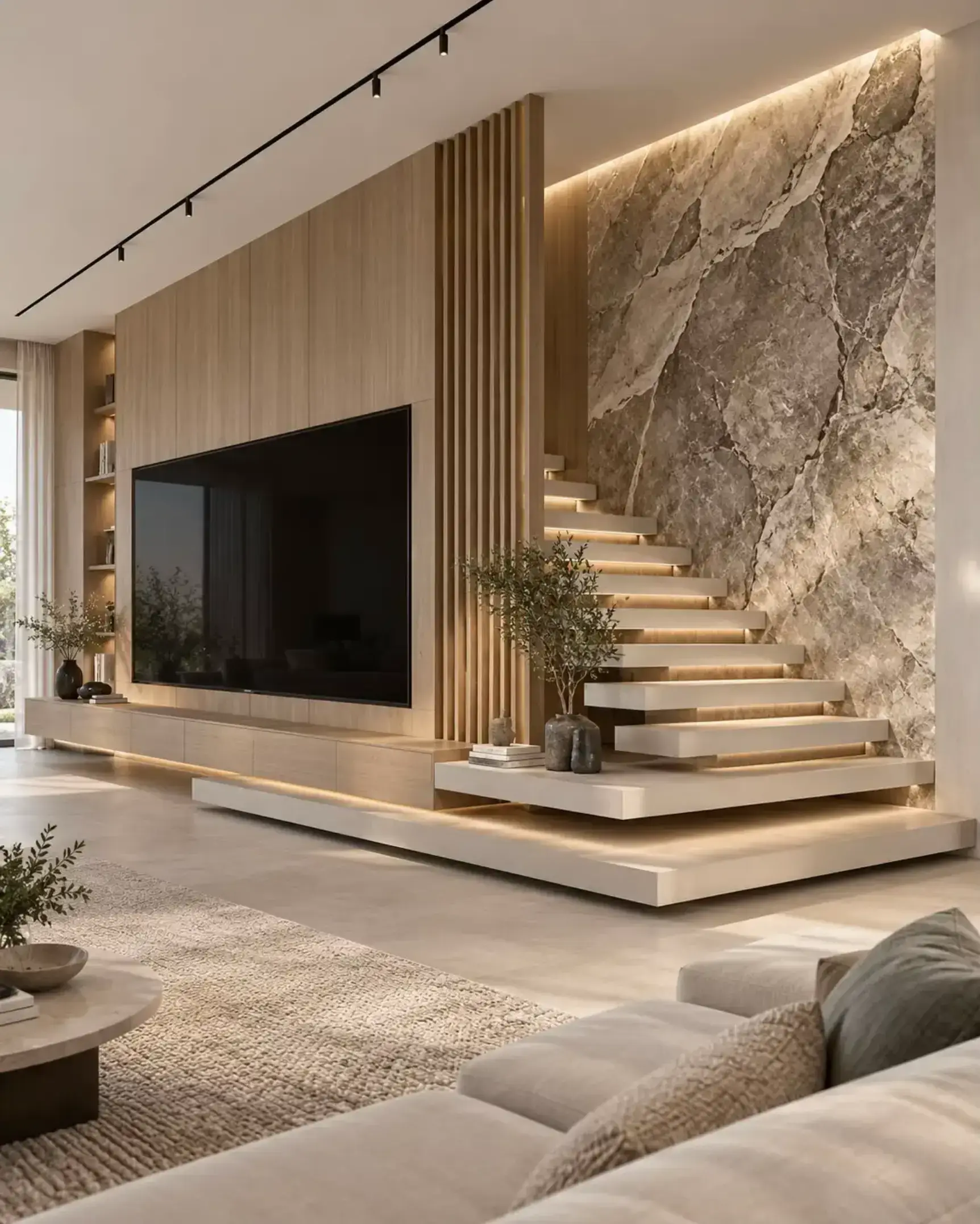 Warm wood, sculptural stairs, natural stone, and soft lighting create a timeless