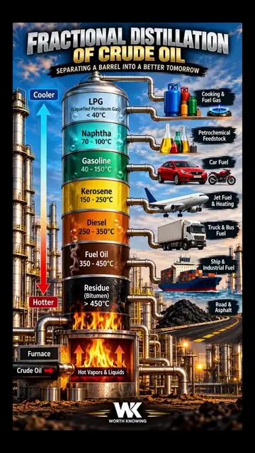 Fractional Distillation of Crude Oil 🛢️ Ever wondered how crude oil becomes gas