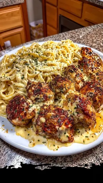 Creamy Parmesan Spaghetti with Garlic Butter Chicken Tender, golden garlic butte