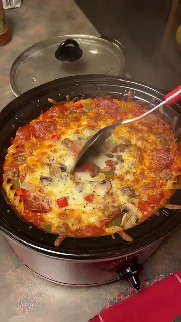 FoodPop - Crock Pot Pizza Casserole 🍕🍝🧀__Rotini pasta slow-cooked with marina
