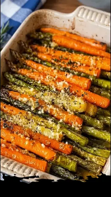 Roasted Carrots and Asparagus parmesan  Sweet, tender roasted carrots and perfec
